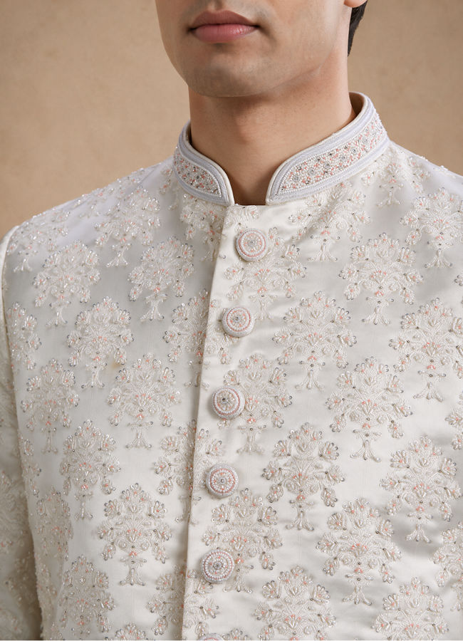 Manyavar Men Cream Brocade Hand Embroidered Sherwani