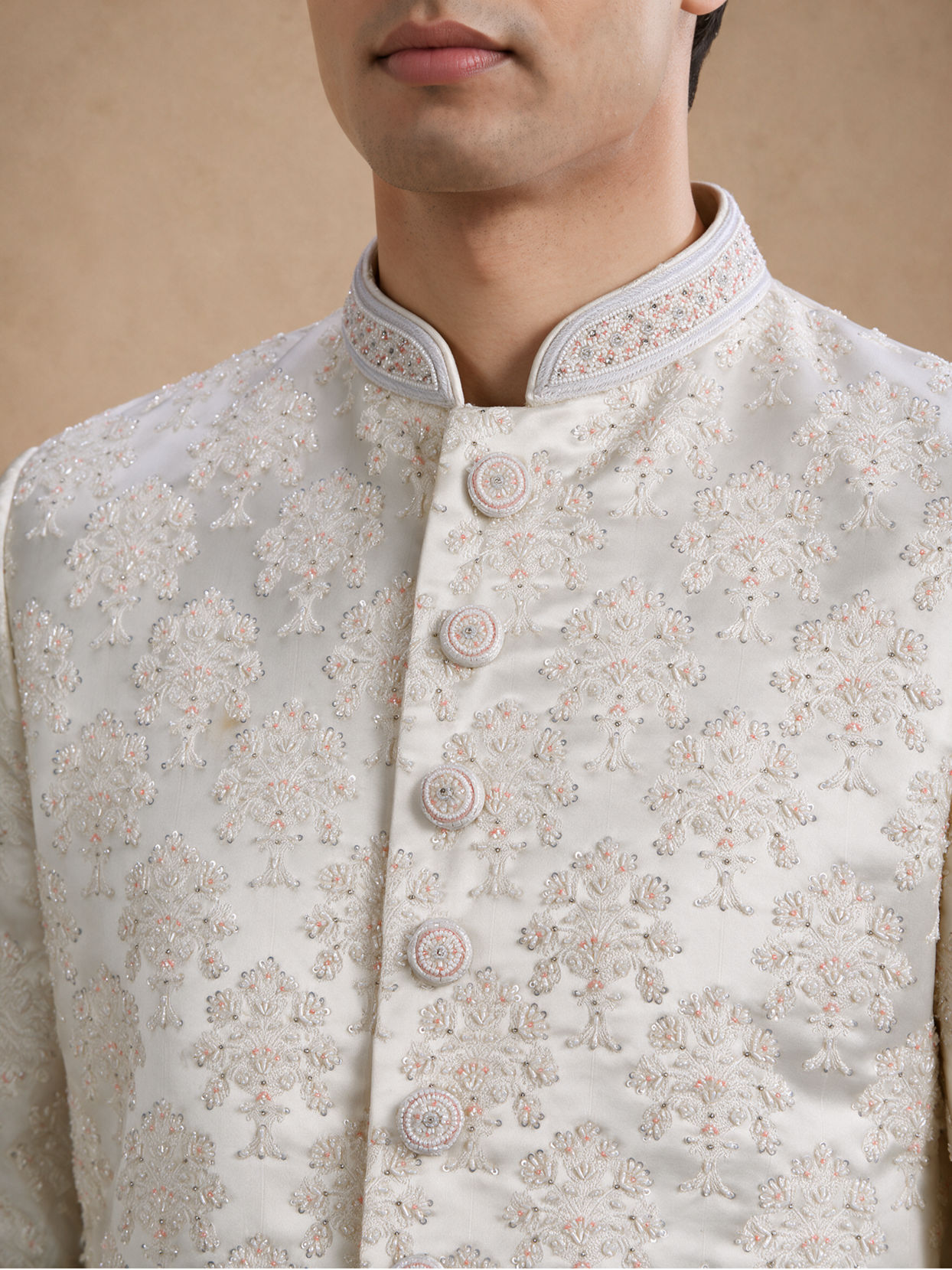 Manyavar Men Cream Brocade Hand Embroidered Sherwani