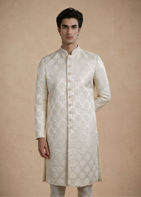 Manyavar Men Cream Brocade Hand Embroidered Sherwani