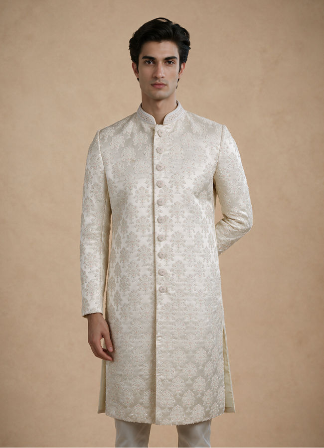 Manyavar Men Cream Brocade Hand Embroidered Sherwani