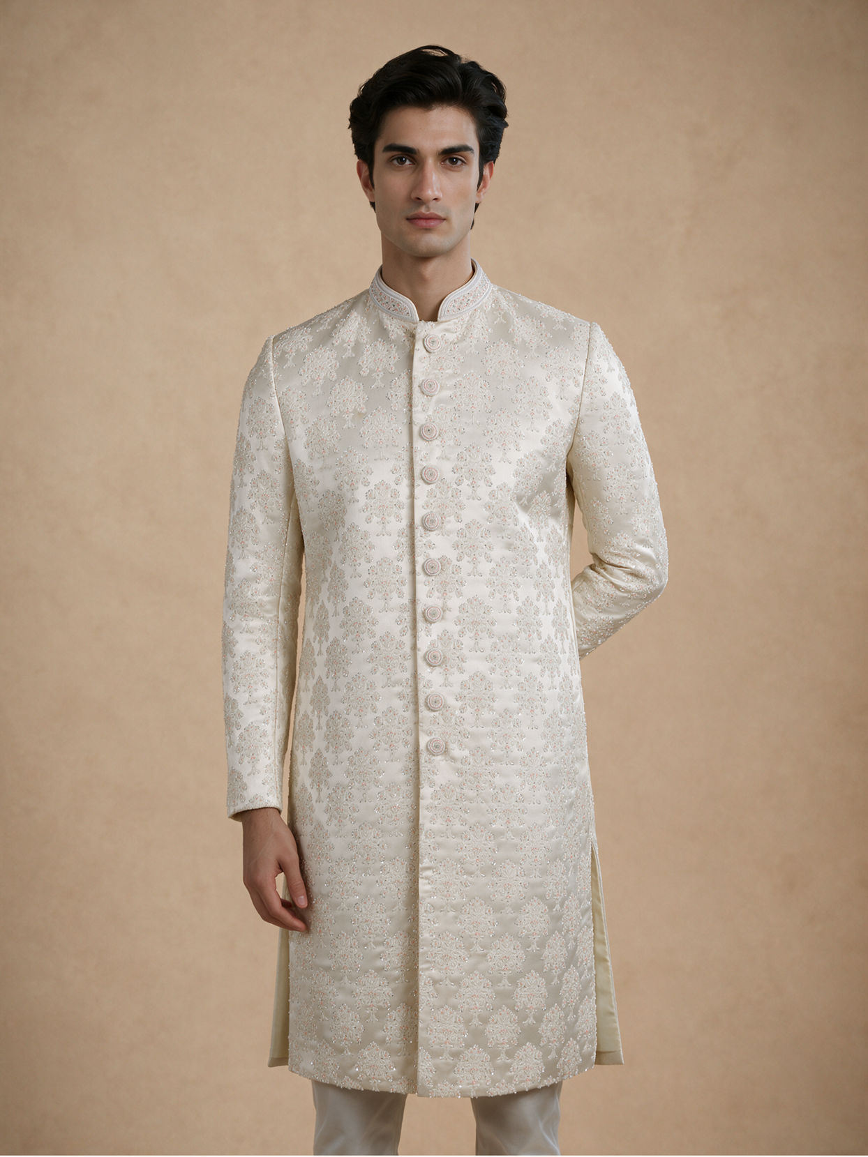 Manyavar Men Cream Brocade Hand Embroidered Sherwani