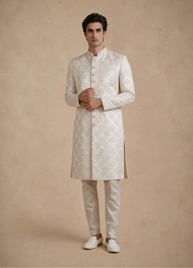 Manyavar Men Cream Brocade Hand Embroidered Sherwani