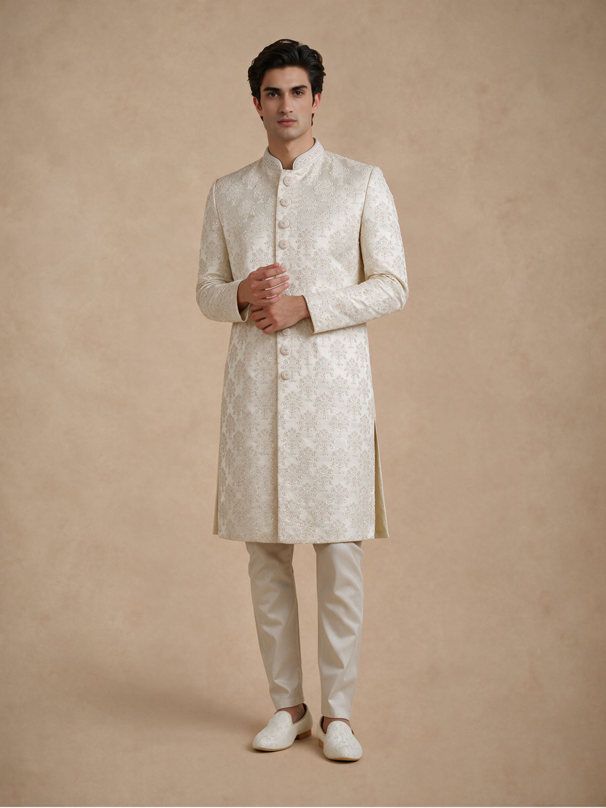 Manyavar Men Cream Brocade Hand Embroidered Sherwani