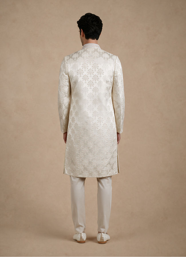 Manyavar Men Cream Brocade Hand Embroidered Sherwani