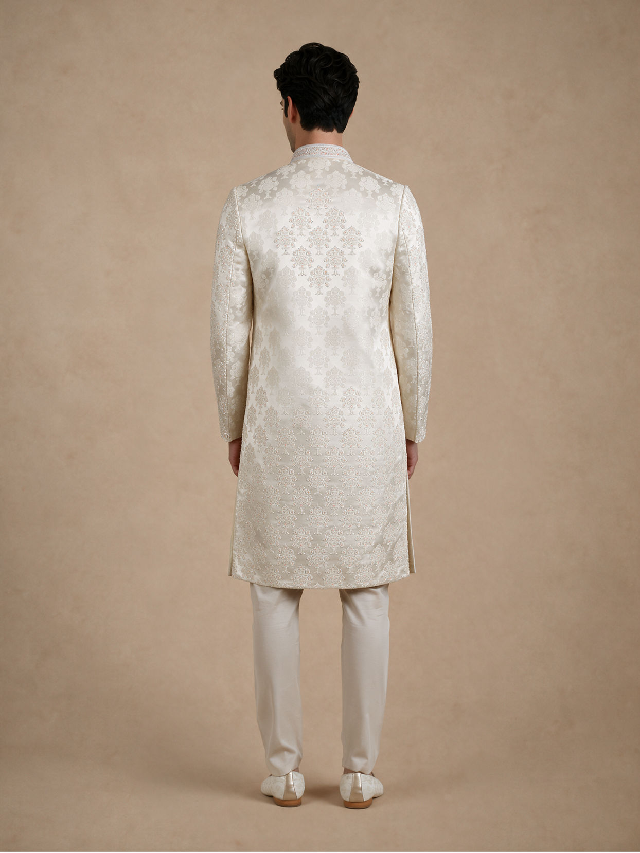 Manyavar Men Cream Brocade Hand Embroidered Sherwani