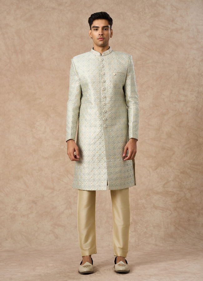 Manyavar Men Pista Green Brocade Sherwani
