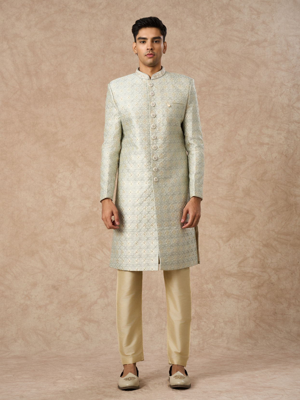 Manyavar Men Pista Green Brocade Sherwani