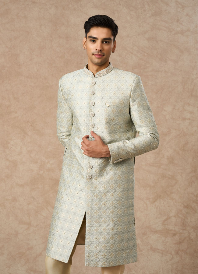 Manyavar Men Pista Green Brocade Sherwani