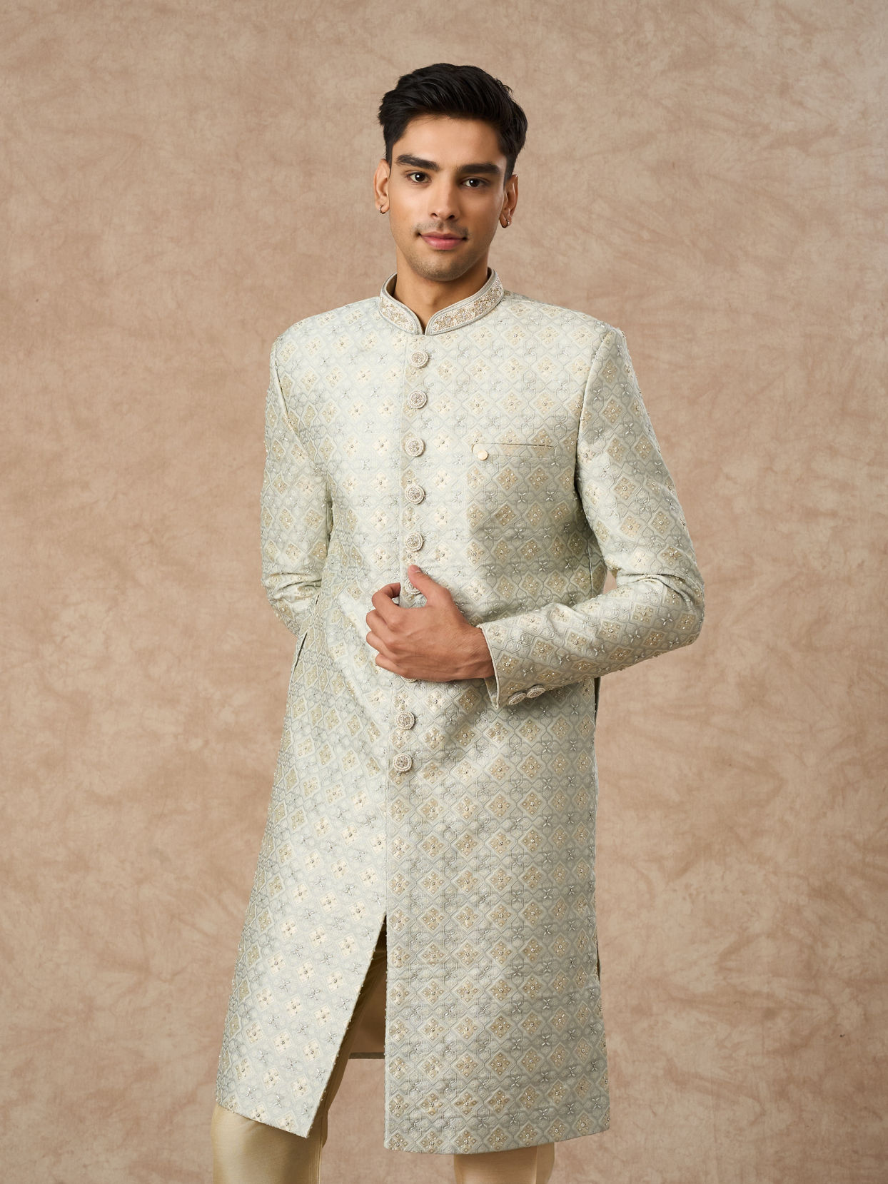 Manyavar Men Pista Green Brocade Sherwani
