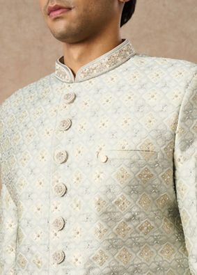 Manyavar Men Pista Green Brocade Sherwani