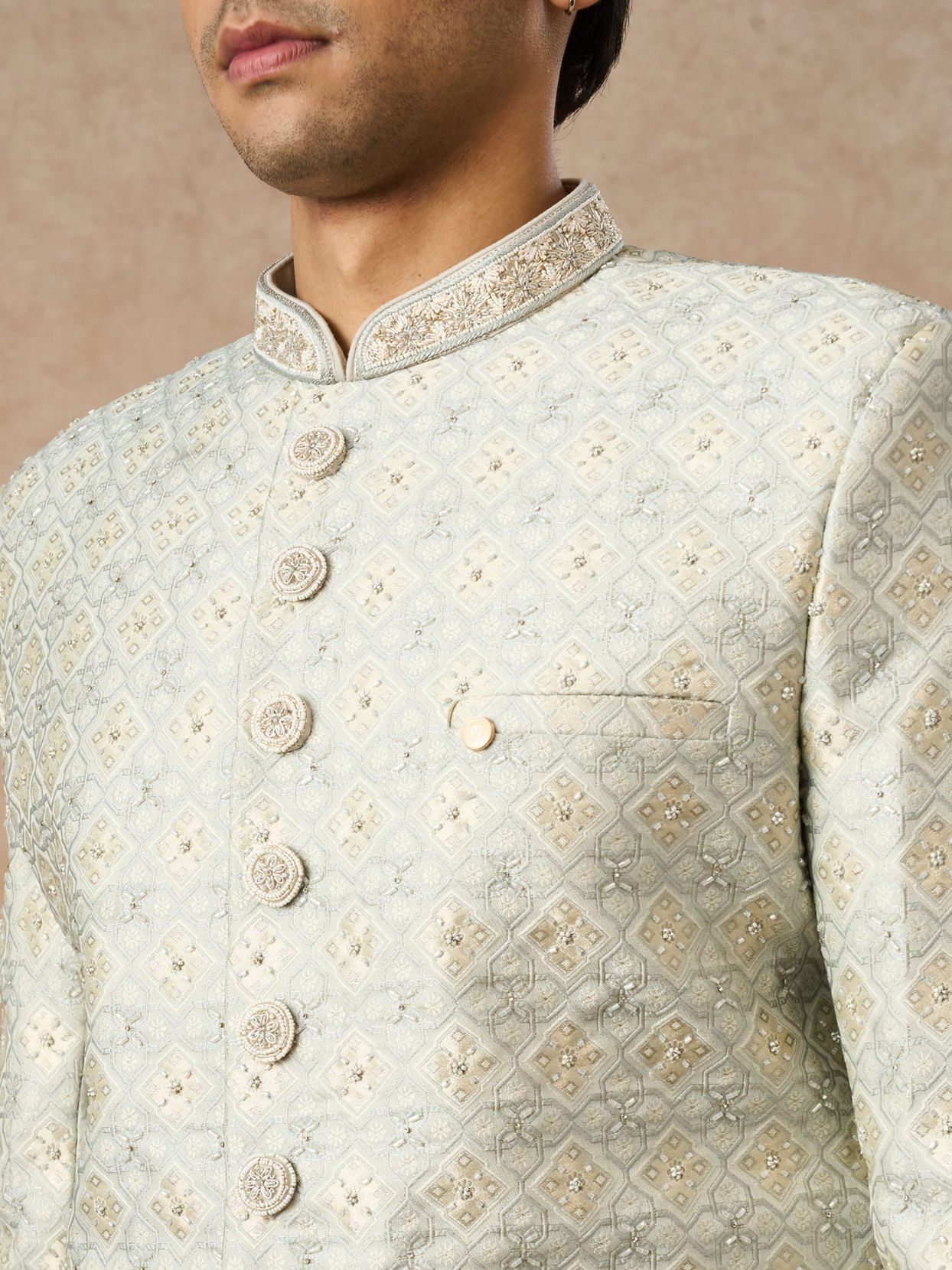Manyavar Men Pista Green Brocade Sherwani