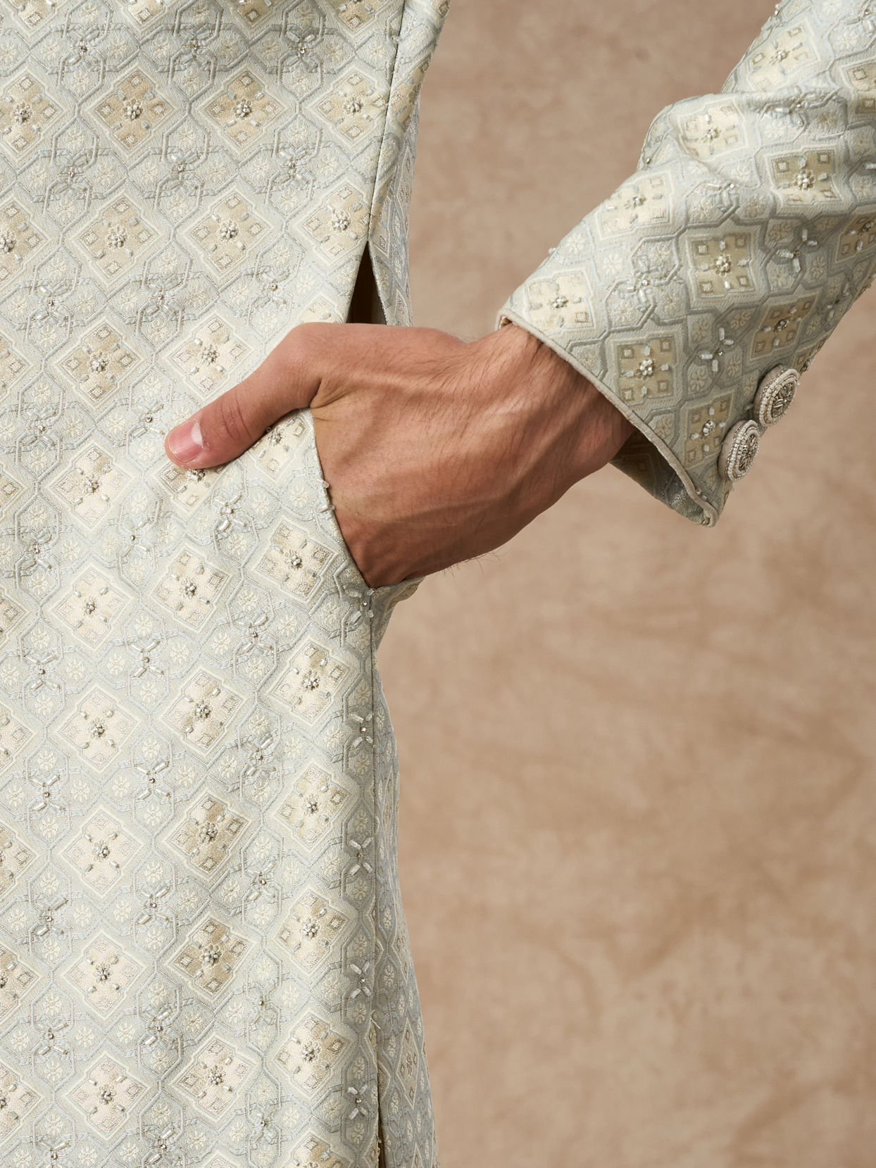Manyavar Men Pista Green Brocade Sherwani