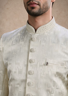 Manyavar Men Cream Brocade Sherwani with Self-Texture