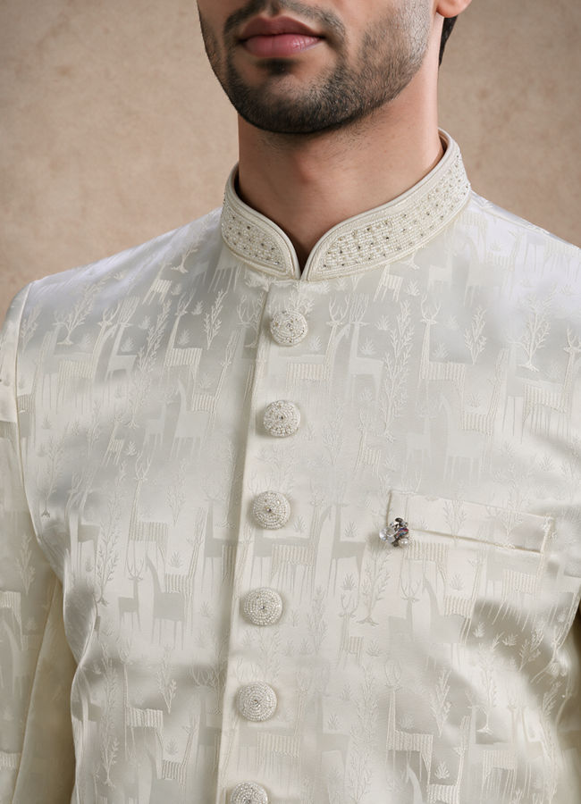 Manyavar Men Cream Brocade Sherwani with Self-Texture