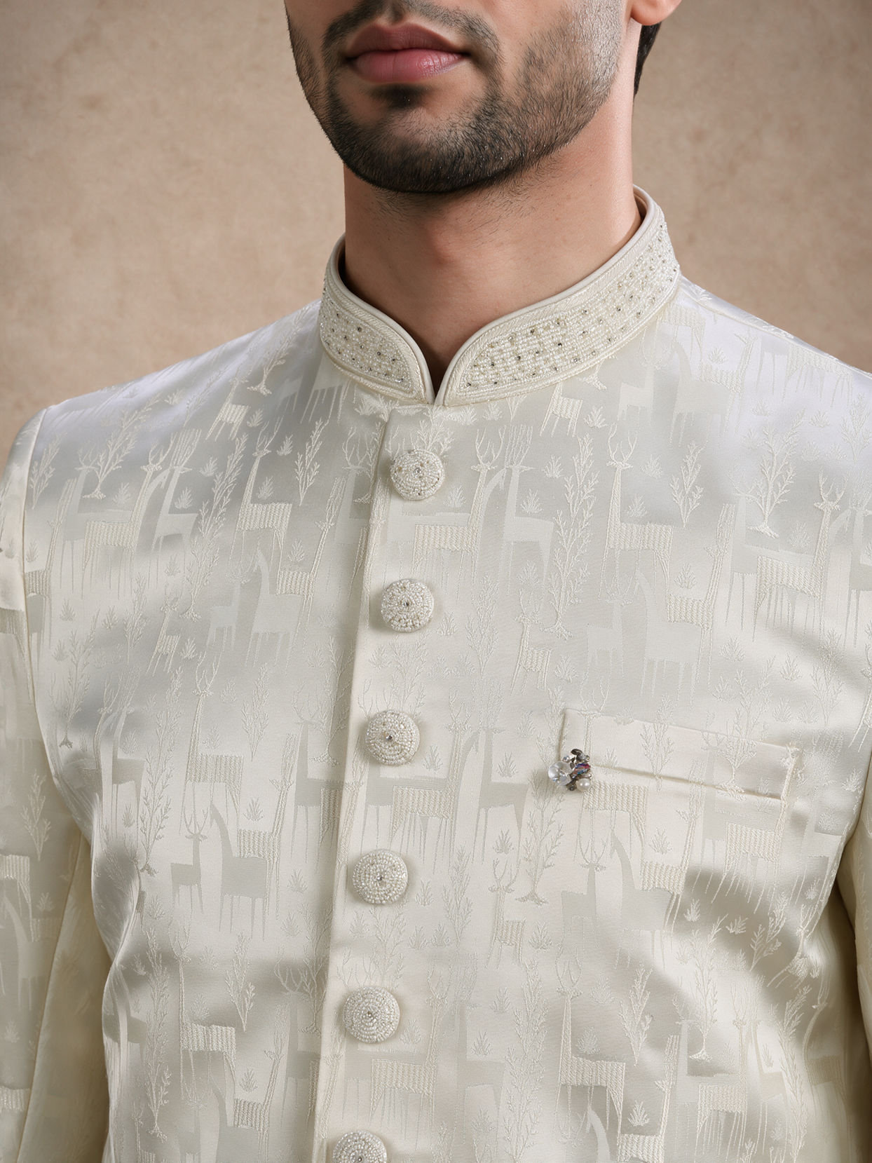 Manyavar Men Cream Brocade Sherwani with Self-Texture