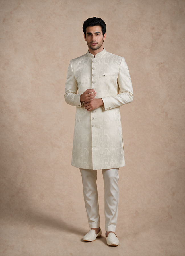 Manyavar Men Cream Brocade Sherwani with Self-Texture