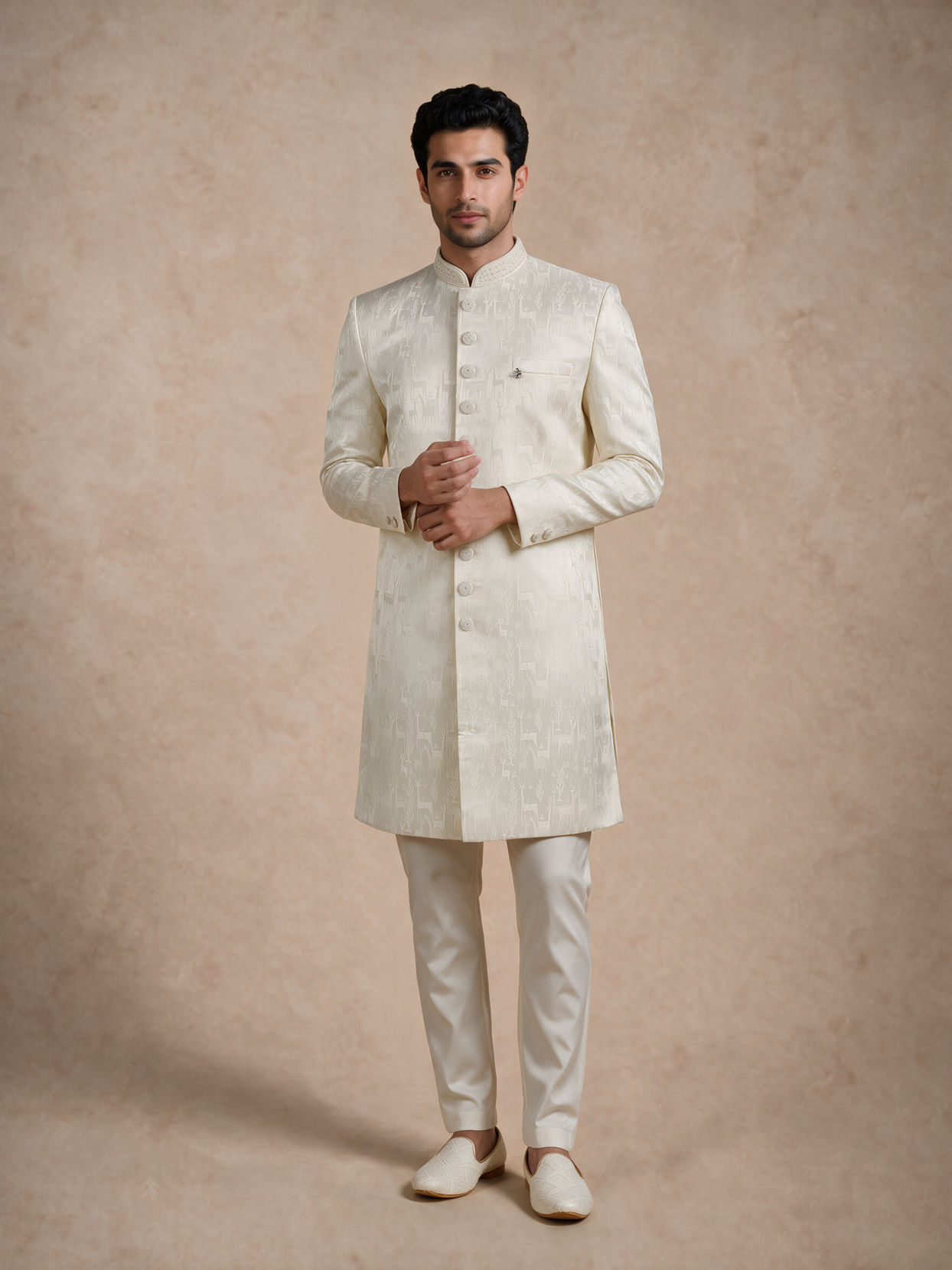 Manyavar Men Cream Brocade Sherwani with Self-Texture