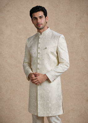 Manyavar Men Cream Brocade Sherwani with Self-Texture