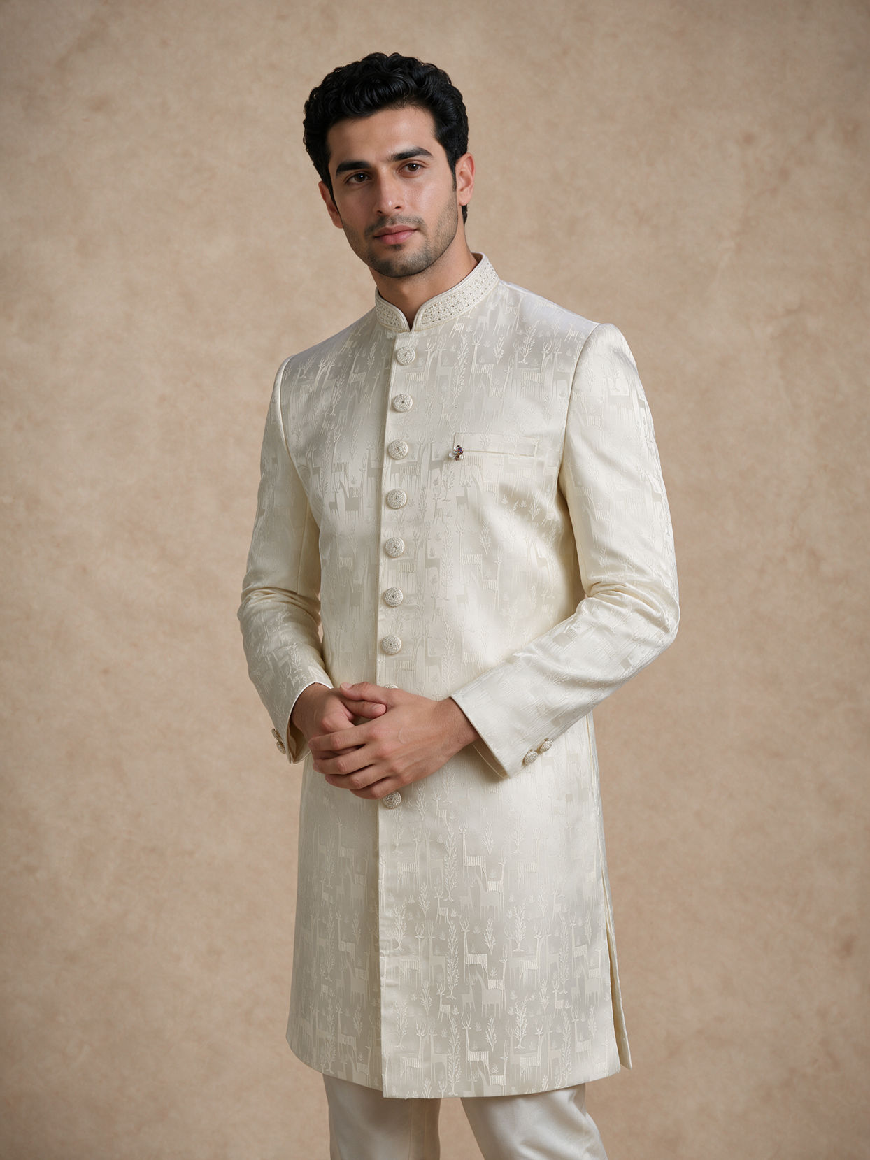 Manyavar Men Cream Brocade Sherwani with Self-Texture