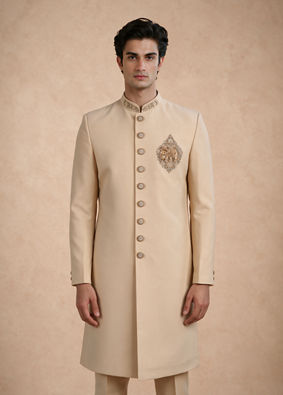 Manyavar Men Beige Blended Viscose Sherwani with Embroidery