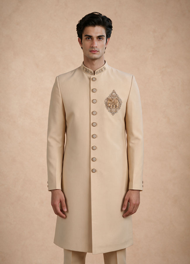 Manyavar Men Beige Blended Viscose Sherwani with Embroidery