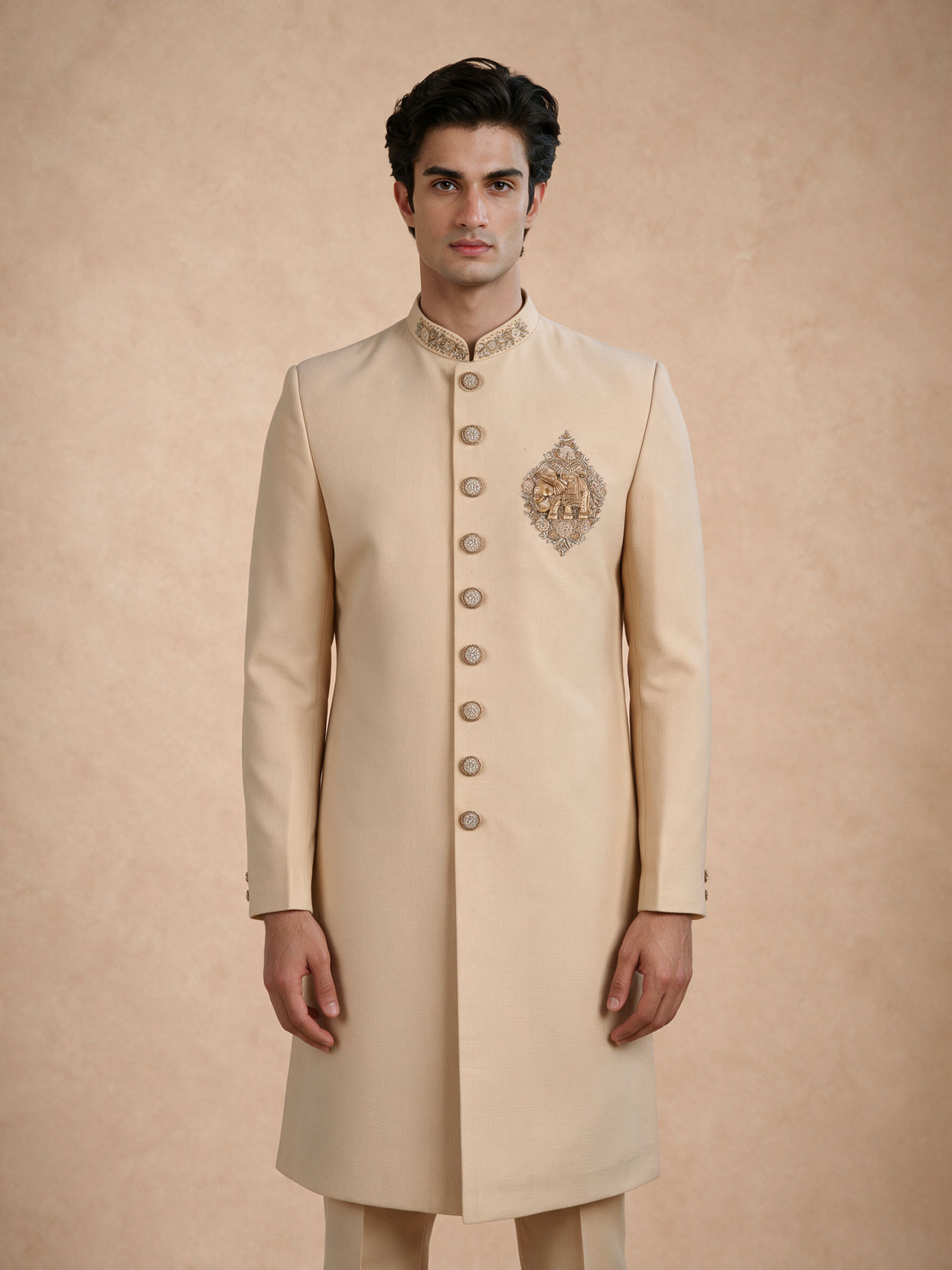 Manyavar Men Beige Blended Viscose Sherwani with Embroidery