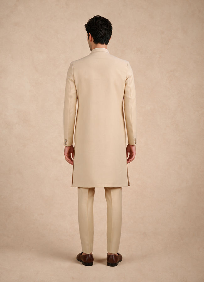 Manyavar Men Beige Blended Viscose Sherwani with Embroidery