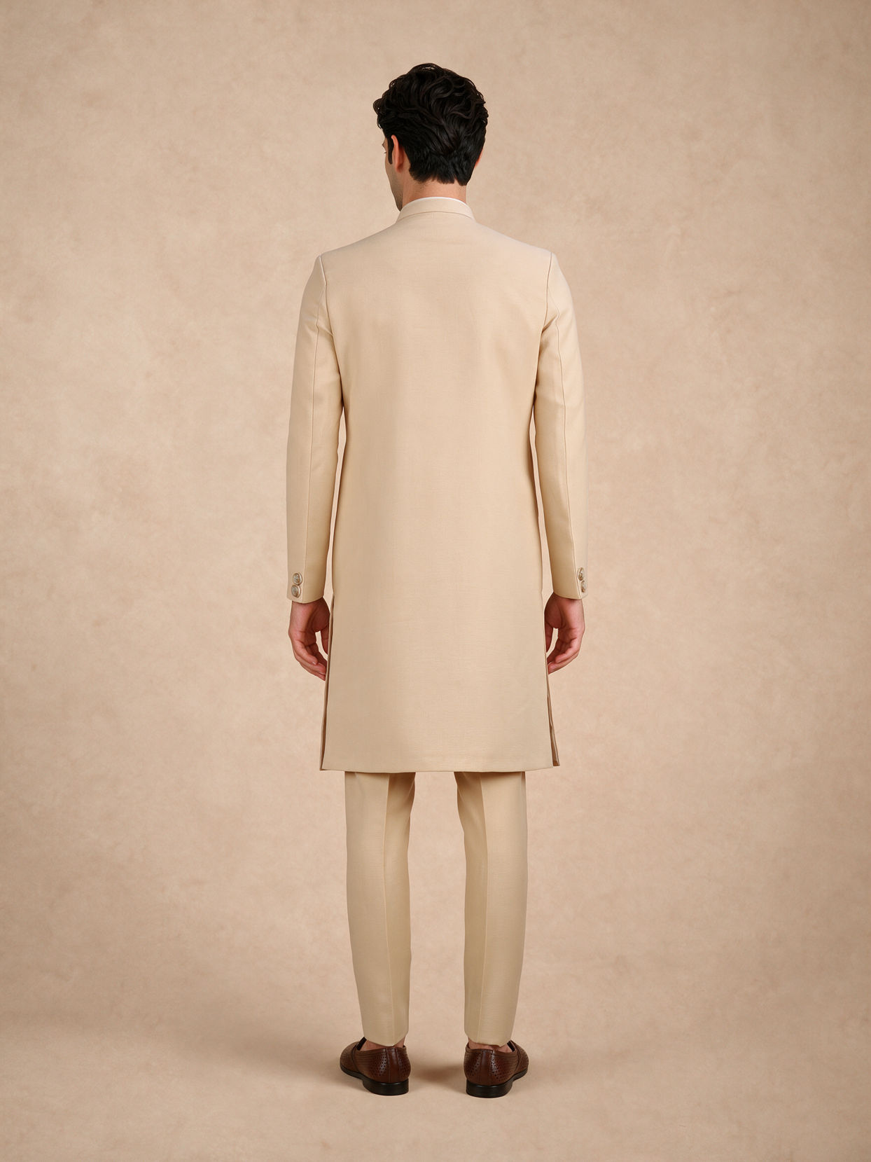 Manyavar Men Beige Blended Viscose Sherwani with Embroidery