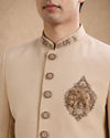 Manyavar Men Beige Blended Viscose Sherwani with Embroidery