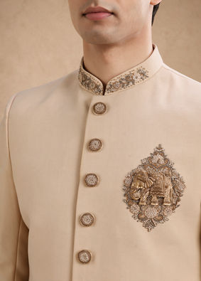 Manyavar Men Beige Blended Viscose Sherwani with Embroidery