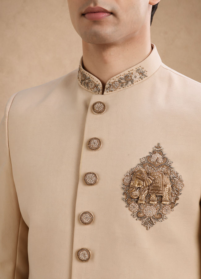 Manyavar Men Beige Blended Viscose Sherwani with Embroidery