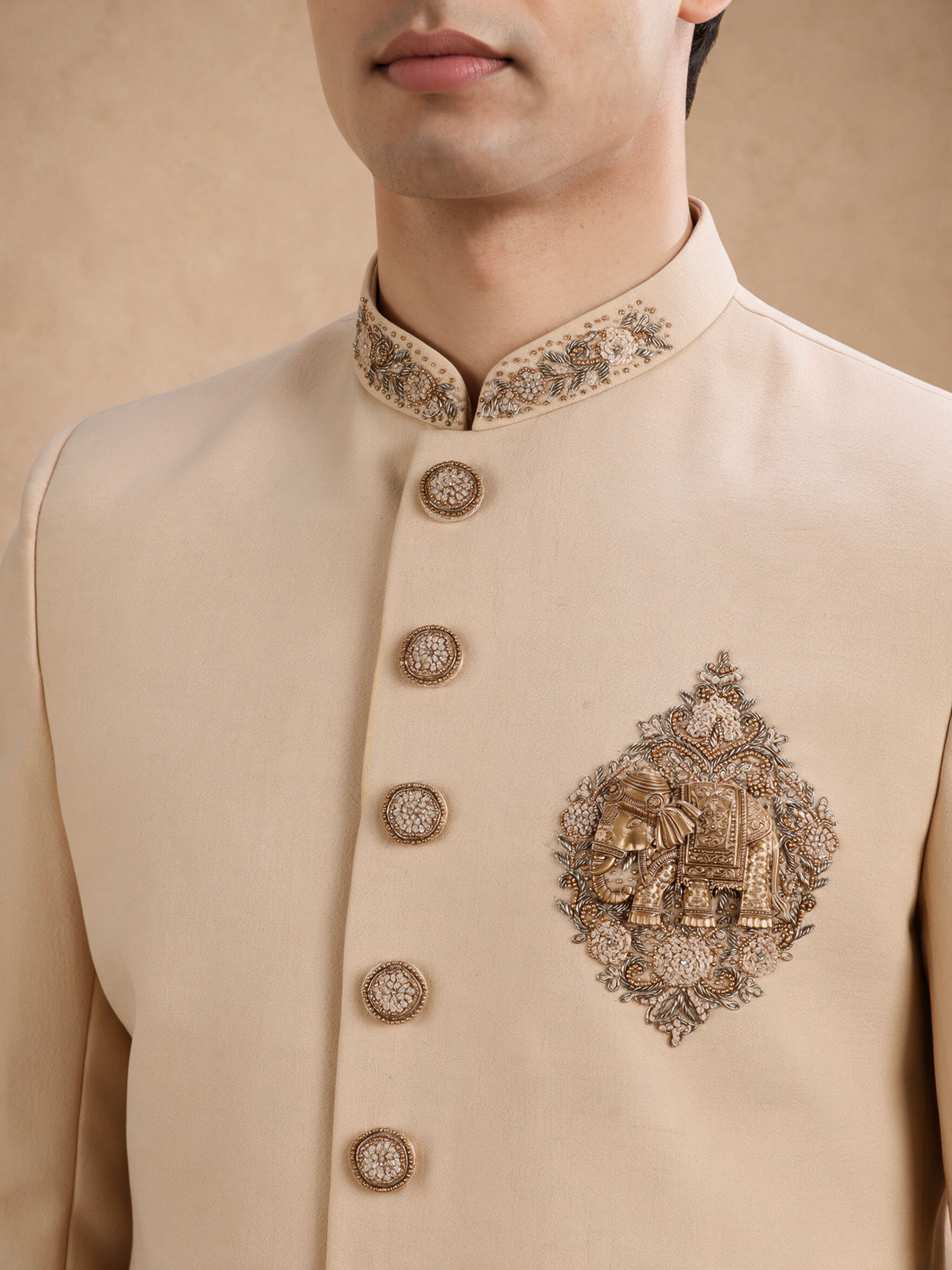 Manyavar Men Beige Blended Viscose Sherwani with Embroidery