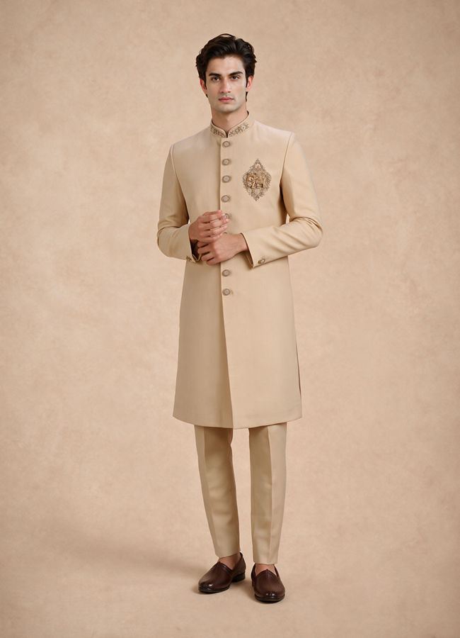 Manyavar Men Beige Blended Viscose Sherwani with Embroidery
