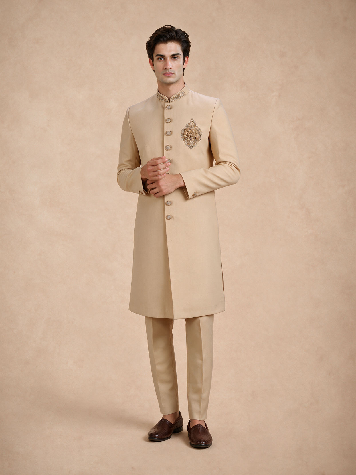 Manyavar Men Beige Blended Viscose Sherwani with Embroidery