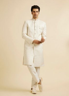 alt message - Manyavar Men White Bel Buti Patterned Sherwani Set image number 3