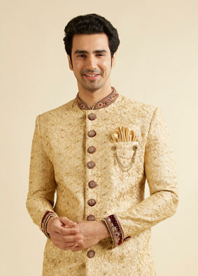 alt message - Manyavar Men Aristocratic Fawn Color Sherwani Suit image number 0