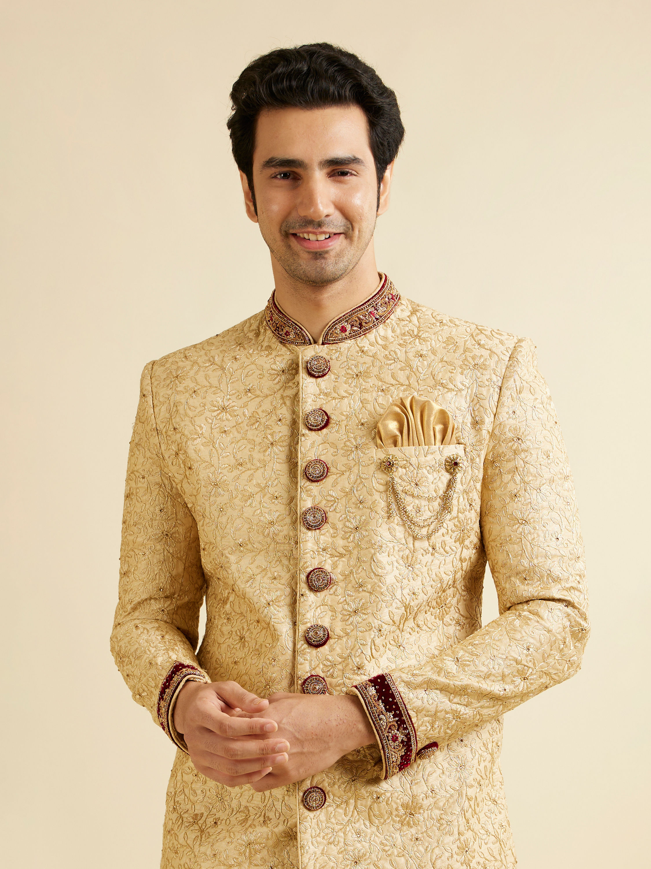 Manyavar Men Aristocratic Fawn Color Sherwani Suit