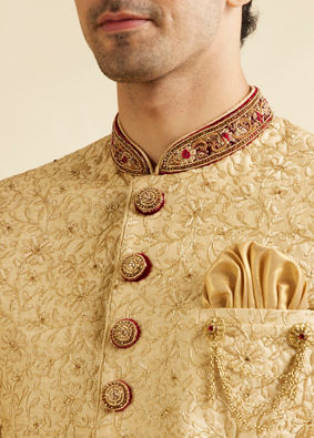 alt message - Manyavar Men Aristocratic Fawn Color Sherwani Suit image number 1