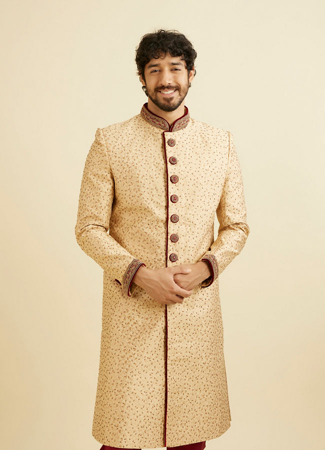 alt message - Manyavar Men Opulent Fawn Sherwani Set image number 0