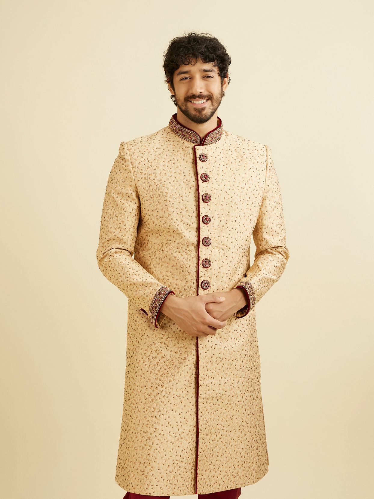 alt message - Manyavar Men Opulent Fawn Sherwani Set image number 0