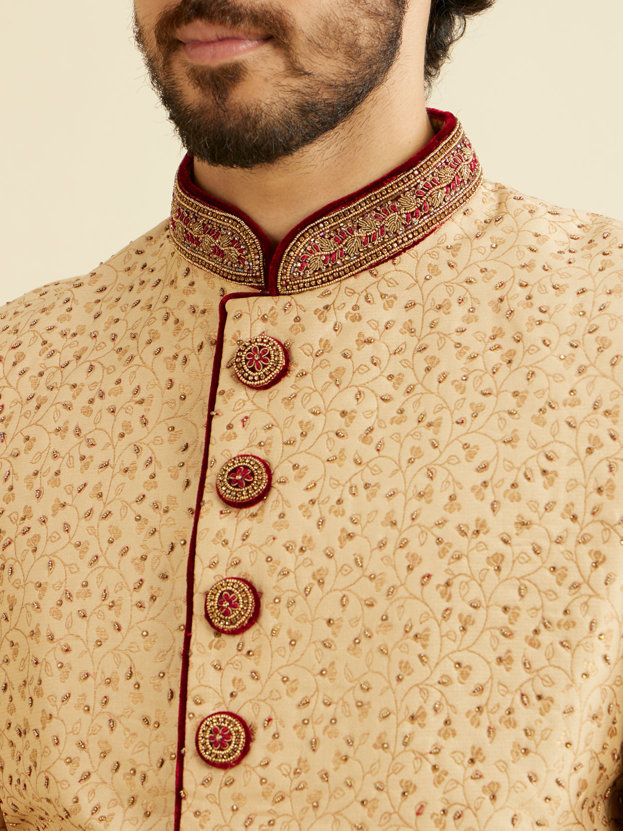 alt message - Manyavar Men Opulent Fawn Sherwani Set image number 1