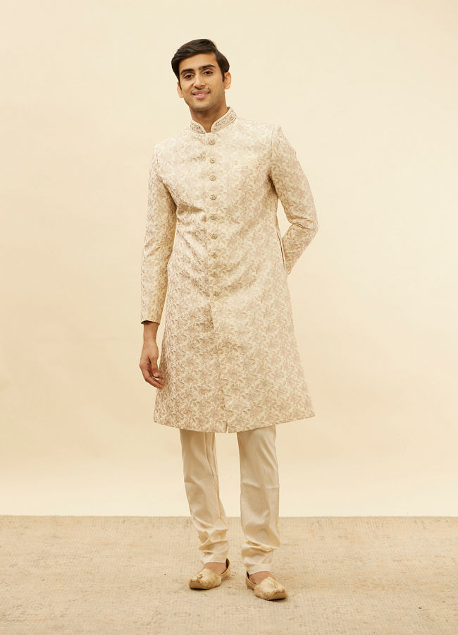 Manyavar Men French Rose Pink Floral Patterned Sherwani Set