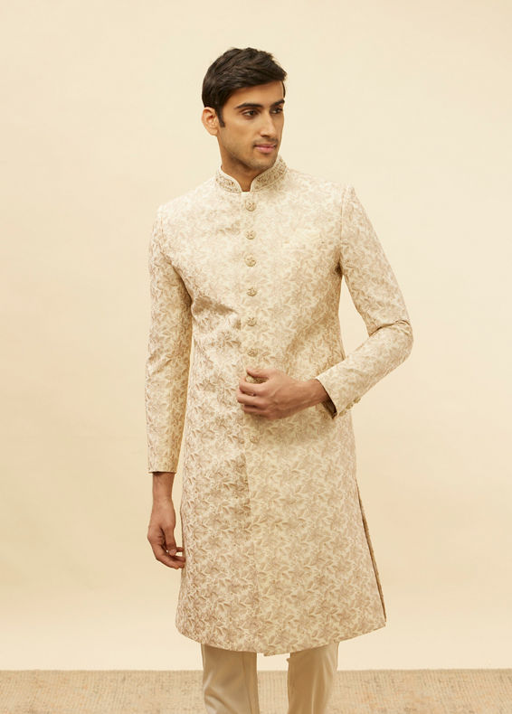 Manyavar Men French Rose Pink Floral Patterned Sherwani Set