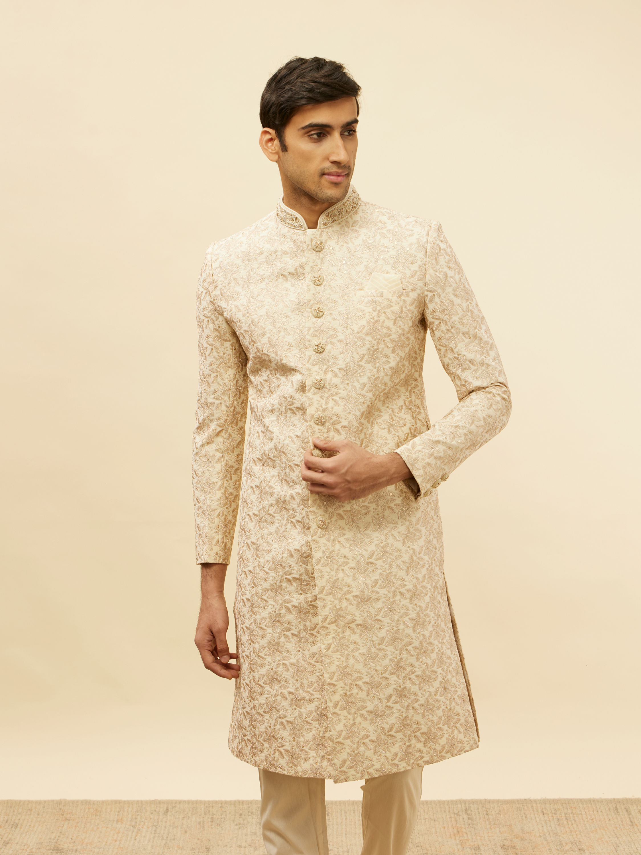 Manyavar Men French Rose Pink Floral Patterned Sherwani Set
