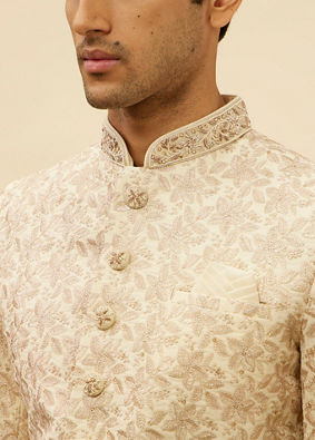 Manyavar Men French Rose Pink Floral Patterned Sherwani Set