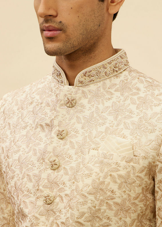 Manyavar Men French Rose Pink Floral Patterned Sherwani Set