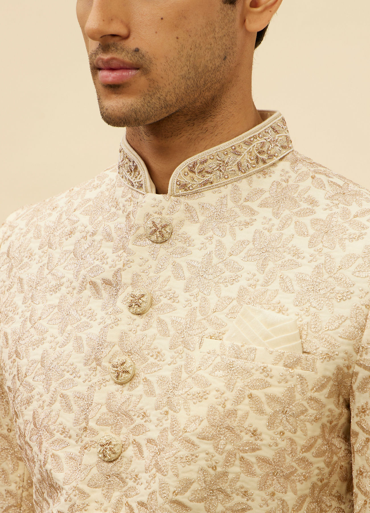 Manyavar Men French Rose Pink Floral Patterned Sherwani Set