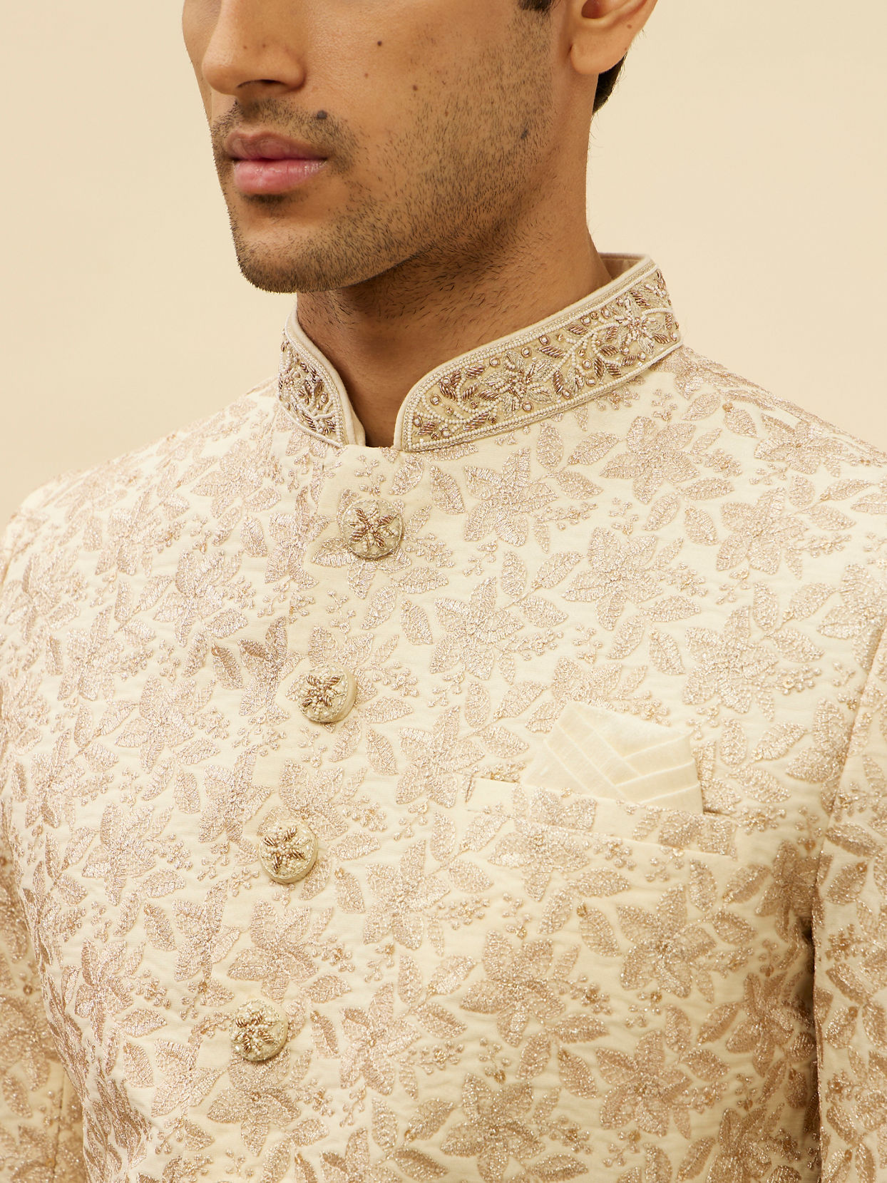 Manyavar Men French Rose Pink Floral Patterned Sherwani Set