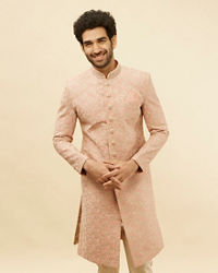 Manyavar Men Conch Shell Pink Floral Patterned Sherwani Set