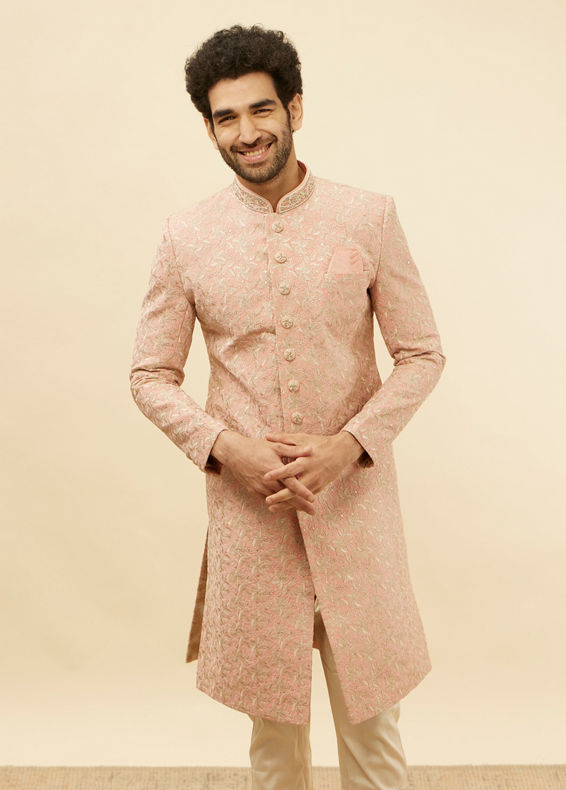 Manyavar Men Conch Shell Pink Floral Patterned Sherwani Set